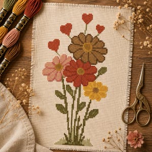 Pode incluir: Uma peça retangular de tecido bege com um padrão de ponto cruz de um buquê com três flores grandes em marrom, vermelho e amarelo, acompanhado de pequenos corações vermelhos, caules verdes e folhas, com bordas desfiadas e fios de bordar.
