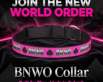 May include: A black and bright pink collar featuring the repeating text BNWO and a black spade symbol. The collar includes a black plastic side-release buckle and a silver-toned metal D-ring. The text BNWO Collar is displayed below the item.