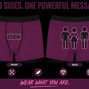 May include: Dark purple boxer briefs with a black waistband. The front features the text CUCK in a rectangular outline. The back displays a pink graphic of three stick figures, with the centre figure wearing a key necklace and the right figure wearing a padlock. The text reads TWO SIDES. ONE POWERFUL MESSAGE. and WEAR WHAT YOU ARE.