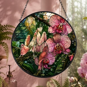 Orchid Mantis Stained Glass Suncatcher, Pink Orchid Rainforest Window Hanging, Praying Mantis Insect Gift, Botanical Garden Decor, Wall Art