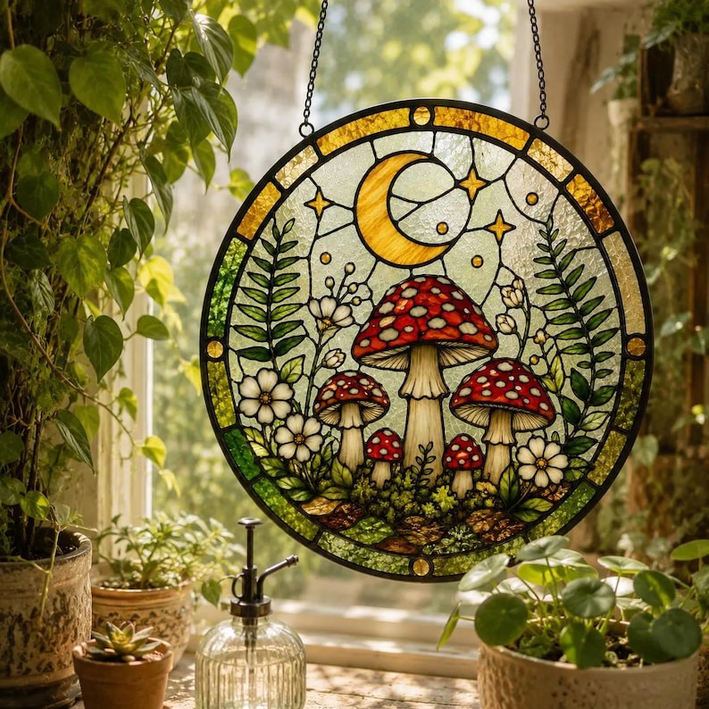 Op de afbeelding: Een ronde glas-in-lood zonnevanger met een ontwerp van rode en witte paddenstoelen, omringd door groene varens en kleine witte bloemen. Een gele maansikkel en sterren zijn afgebeeld in het bovenste gedeelte tegen een lichte achtergrond.