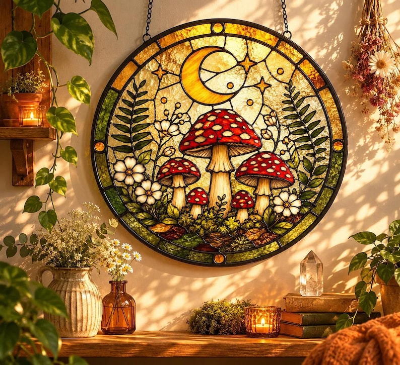 Op de afbeelding: Een ronde glas-in-lood zonnevanger met een centraal ontwerp van rode en witte paddenstoelen omringd door groene varens en witte bloemen onder een gele maansikkel en sterren, omlijst door een zwarte metalen rand met een ophangketting.