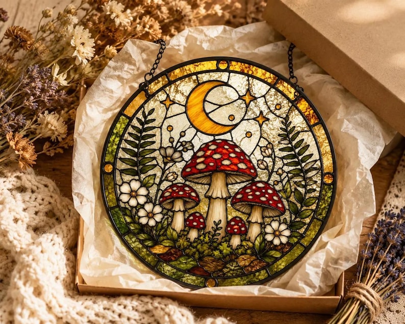 Op de afbeelding: Een ronde glas-in-lood zonnevanger met een bossc&egrave;ne van rood-witte paddenstoelen, groene varens en kleine witte bloemen. In het bovenste gedeelte zijn een gele halve maan en sterren afgebeeld. Het object heeft een zwart metalen frame.