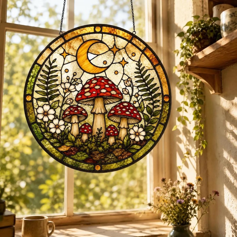 Op de afbeelding: Een ronde glas-in-lood zonnevanger met een centrale groep rode en witte paddenstoelen, omringd door groene varens en kleine witte bloemen. Boven de paddenstoelen bevinden zich een gele halve maan en sterren tegen een gouden lucht.