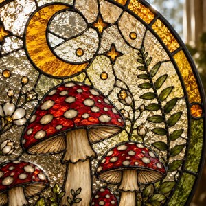 Op de afbeelding: Een rond glas-in-loodpaneel met drie rode paddenstoelen met witte stippen, groene varenbladeren en kleine witte bloemen. De achtergrond bevat een gele maansikkel en sterren op een getextureerde, heldere glazen ondergrond.
