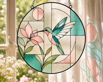 Gebrandschilderd glas kolibrie Suncatcher, rond raam hangend, bloemen vogel glaskunst, tuindecor, cadeau voor moeder, vogelliefhebber Sun Catcher