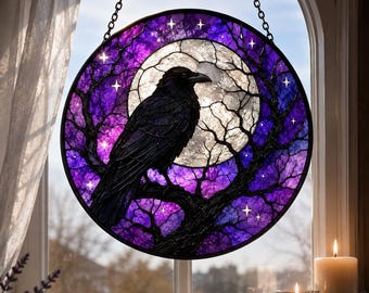 Rabe Mond Buntglas Fensterbehang, Lila Gothic Sonnenfänger, Krähe Vogel Witchy Wanddekoration, Rundes himmlisches Fenster Kunst für Sie