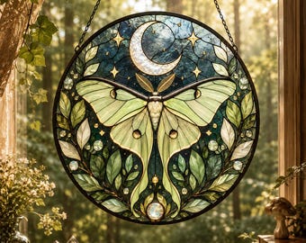 Luna Moth Stained Glass Suncatcher, Celestial Moon Window Hanging, Witchy Wall Decor, Cottagecore Gift, Botanical Home Decor for Her