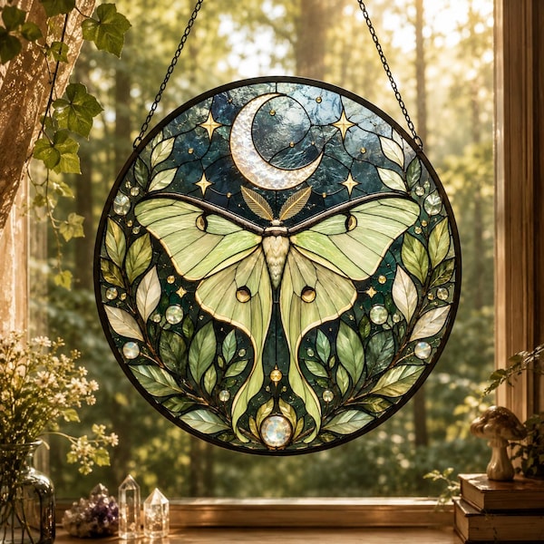 Atrapasueños de vidrieras con diseño de polilla luna, colgante de ventana con luna celestial, decoración de pared estilo bruja, regalo estilo cottagecore, decoración botánica para el hogar para ella.