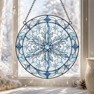 Atrapasueños de vidrieras con forma de copo de nieve azul, adorno navideño para ventana, atrapasueños de invierno, regalo navideño, decoración de vidrio esmerilado