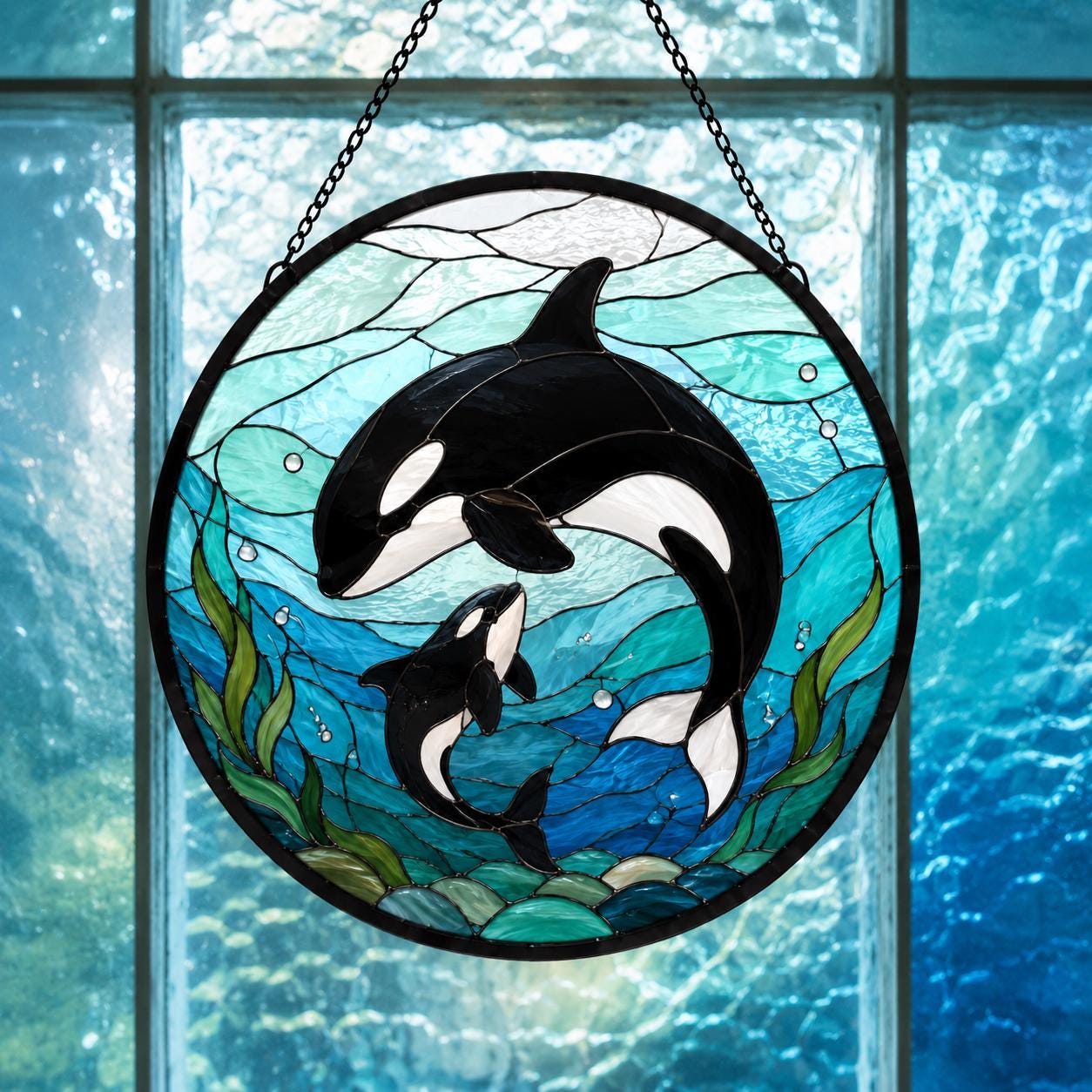 Orca Stained Glass Suncatcher, Killer Whale Window Hanging, Ocean Wall Decor, Coastal Whale Lover Gift, Sea Animal Nursery Decor, Blue Art