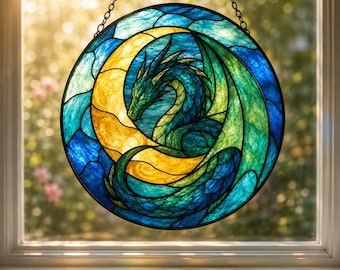 Dragon Stained Glass Suncatcher, Round Crescent Moon Window Hanging, Blue Green Fantasy Dragon Wall Decor, Celestial Gift for Dragon Lover