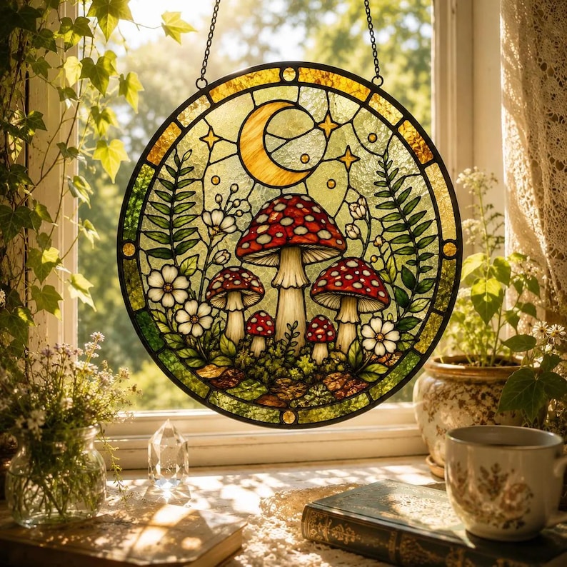 Op de afbeelding: Een ronde glas-in-lood zonnevanger met een centrale groep rood-witte paddenstoelen, omringd door groene varens en kleine witte bloemen. Een gele maansikkel en sterren zijn afgebeeld in het bovenste gedeelte van het glaspaneel.