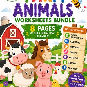 May include: A colorful preschool worksheet bundle featuring farm animals, including a cow, horse, pig, sheep, and chicken. The cover includes the text "Farm Animals Worksheets Bundle" and "Ages 3-6". Activities include animal recognition, counting, and tracing.