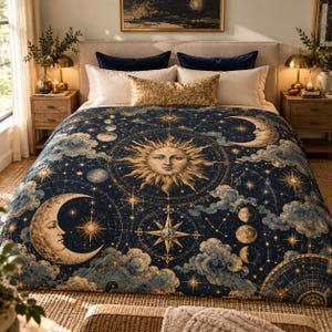 May include: A dark blue duvet cover featuring a gold celestial print with a central sun face, crescent moons, stars, and clouds. The pattern includes various lunar phases and navigational star charts across the fabric surface.