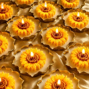 Pode incluir: Uma coleção de velas em forma de girassol em latas metálicas douradas com bordas recortadas. Cada vela apresenta pétalas de cera amarela e um centro castanho texturizado com um pavio aceso, criando um brilho quente sobre um tecido dourado.