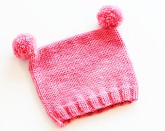 Pink Merino Toddler Pom Pom Hat.