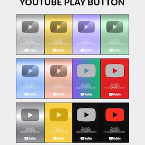 Może przedstawiać: Kolekcja dwunastu prostokątnych tabliczek YouTube Play Button ułożonych w siatkę. Każda tabliczka zawiera centralną ikonę odtwarzania, tekst "Presented to Channel Name for passing 100,000 subscribers" oraz logo YouTube w różnych metalicznych i jednolitych kolorach.