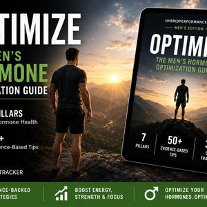 May include: A digital guide titled OPTIMIZE THE MEN'S HORMONE OPTIMIZATION GUIDE featuring a person standing on a mountain peak at sunset. The cover displays 7 pillars of hormone health, 50+ evidence-based tips, and a 30 day tracker for health.
