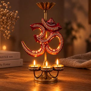 Peut inclure: Un bougeoir en métal doré orné d'un symbole Om rouge central décoré de motifs blancs complexes. Le support soutient trois petites coupelles circulaires pour bougies chauffe-plat, chacune allumée, avec une pièce supérieure festonnée.
