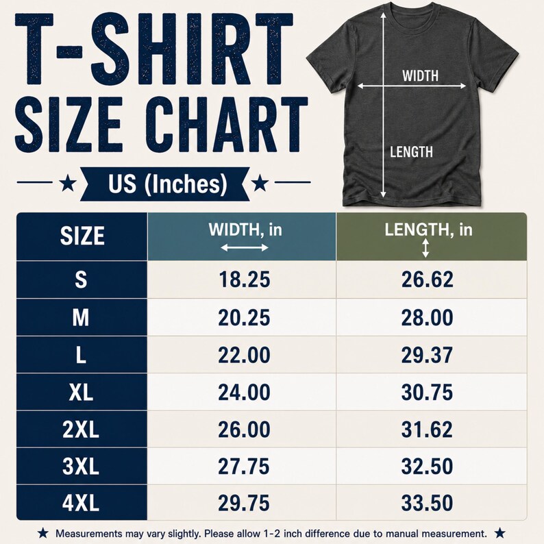 May include: A T-shirt size chart with the text T-SHIRT SIZE CHART US (Inches) and a dark gray T-shirt graphic showing width and length arrows. A table lists sizes S through 4XL with corresponding width and length measurements in inches.