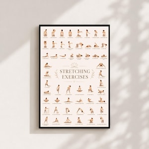 Könnte beinhalten: Ein rechteckiges Wandposter mit schwarzem Rahmen, das ein Raster aus illustrierten Figuren zeigt, die verschiedene Dehnübungen ausführen. Der Text STRETCHING EXERCISES ist mittig platziert und von kleinen Strichzeichnungen der Figuren umgeben.