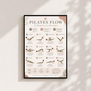 Könnte beinhalten: Ein rechteckiges Wandposter mit dem Titel Pilates Flow, das 12 nummerierte Übungsillustrationen mit Anleitungen zeigt. Das Design verwendet eine neutrale Farbpalette aus Beige, Altrosa und Salbeigrün und stellt verschiedene Übungsposen dar.