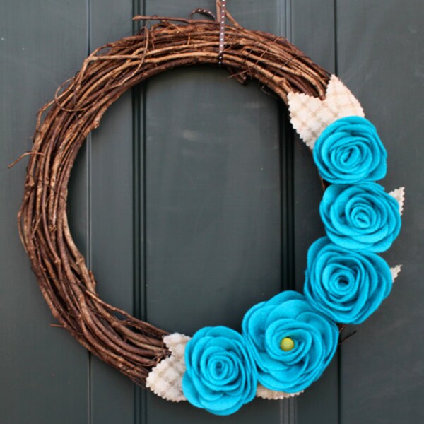 Spring Wreath: Rustic Grapevine Wreath with Giant Blue Roses and Plaid Wool Leaves