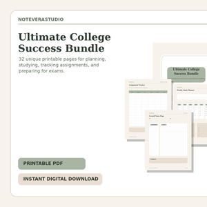 Może przedstawiać: Cyfrowy pakiet do pobrania zatytułowany "Ultimate College Success Bundle" z 32 stronami do druku do planowania, nauki i śledzenia zadań. Obraz zawiera stos stron do druku z tekstem "PRINTABLE PDF" i "INSTANT DIGITAL DOWNLOAD".