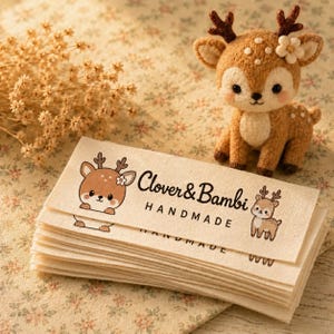 May include: A stack of rectangular off-white fabric labels featuring the text Clover & Bambi HANDMADE in black, accompanied by illustrations of a brown deer. A small, brown, felted deer figurine with a white flower on its head sits nearby.