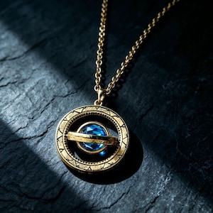 May include: A gold-toned pendant necklace featuring a central faceted blue gemstone surrounded by a rotating ring structure. The outer ring is engraved with small triangular markings and is suspended from a delicate gold-toned chain link.