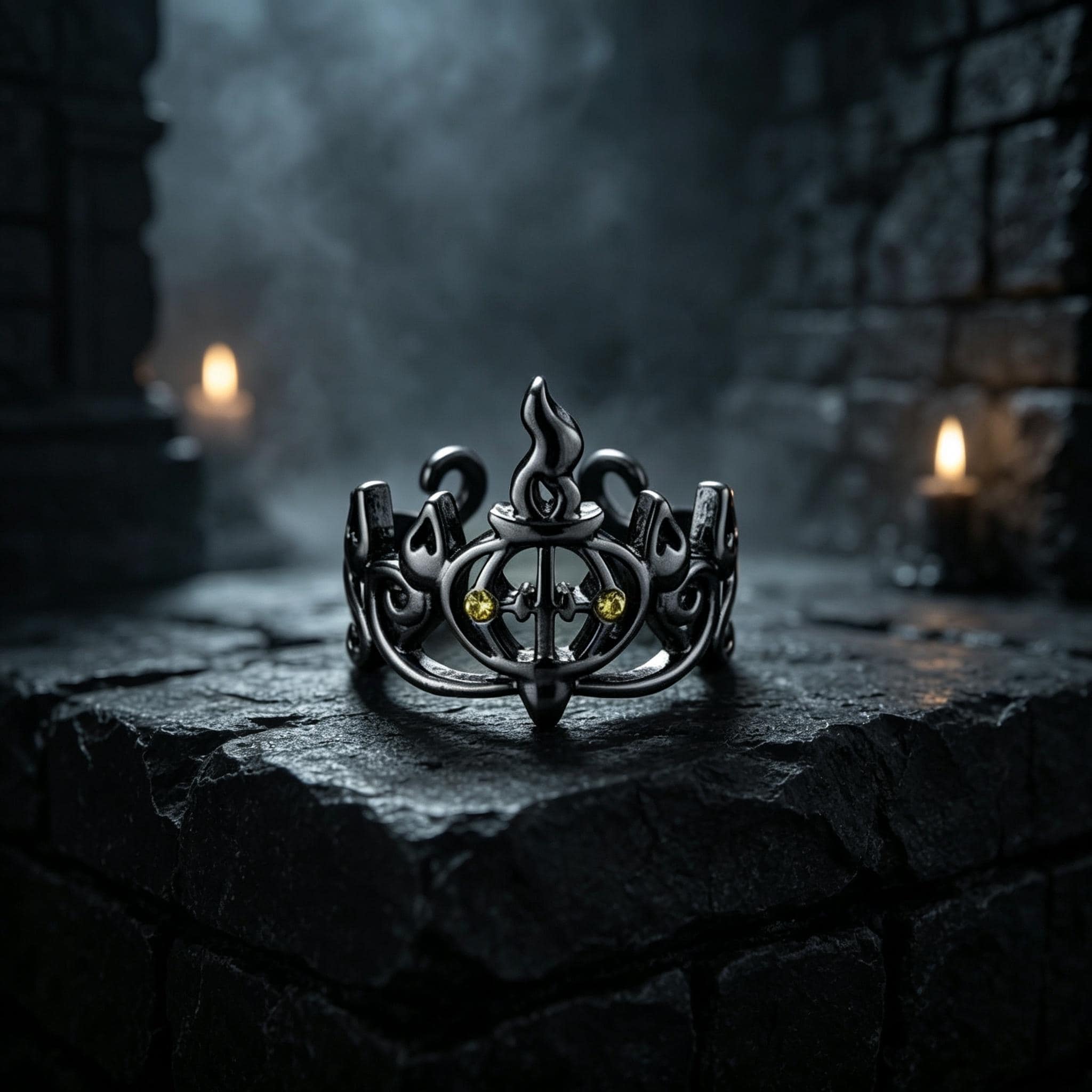 Litwick Chandelure Inspired Ring, Gothic Black Open Ring with Yellow Accents, Pokémon Fan Gift