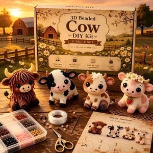 May include: A 3D Beaded Cow DIY Kit 4 Piece Set box featuring four small beaded cow figurines, a clear plastic container with assorted beads, a spool of white thread, a metal needle, scissors, and an instructional guide with diagrams.