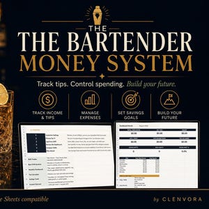 May include: A digital financial tracking system titled The Bartender Money System, featuring icons for tracking income, managing expenses, setting goals, and building a future, displayed alongside a gold cocktail shaker and a glass with lime.