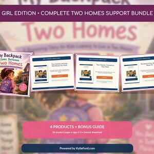 Könnte beinhalten: Ein digitales Paket mit dem Titel My Backpack Goes Between Two Homes, Girl Edition, bestehend aus einem Bilderbuch, Arbeitsheft, Übergangs-Set und Angstbewältigungs-Kit. Das Set umfasst 86 Seiten für Kinder von 4-8 Jahren mit Text.