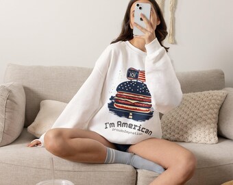 Sweatshirt ras du cou I'm American | Illustration patriotique de hamburger