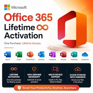 May include: A promotional image for Microsoft Office 365. The image features the Microsoft logo, the words "Office 365 Lifetime Activation", and icons for Word, Excel, PowerPoint, Outlook, OneNote, Access, Publisher, and OneDrive. The text "One Purchase. Lifetime Access" is also included.