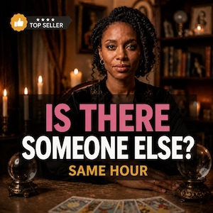 May include: A person with dark curly hair sits at a table with two crystal balls and tarot cards. The text reads IS THERE SOMEONE ELSE? SAME HOUR. A top seller badge is visible in the corner. The scene is dimly lit with candles and bookshelves.