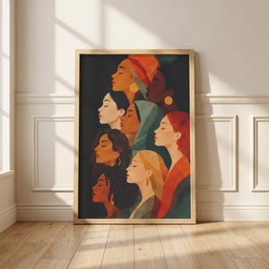 May include: A vertical rectangular wall art print featuring a stacked composition of diverse female profiles in profile view. The illustration displays various skin tones, hair textures, and head coverings in a warm, muted color palette.