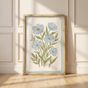 Soft Blue Floral Wall Art | Botanical Print | Light Blue Flower Illustration | Cottagecore Decor | Sage Green Leaves | Watercolor Floral Art