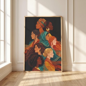 May include: A framed vertical wall art print featuring a layered composition of diverse women with varied hairstyles, head coverings, and gold jewelry. The figures are depicted in profile against a dark background, showcasing a rich color palette.