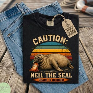 Neil The Seal T Shirt, Retro Sunset Funny Chaos In Blubber Shirt, Distressed Vintage Graphic Tee, Traffic Cone Animal Meme Gift for Friend