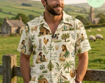 Jesus Hawaiian Shirt for Men, Christian Tropical Button Up, Farmhouse Faith Shirt, Church Camp Vacation Shirt, Religious Gift