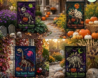 Personalized Dinosaur Halloween Garden Flag, Custom Family Name Skeleton Dino Yard Flag, Spooky Pumpkin Fall Outdoor Decor