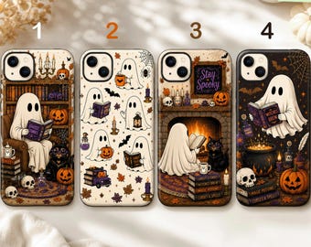 Ghost Reading Phone Case, Cute Halloween Book Lover Case, Spooky Library iPhone Case, Ghost Cat Fall Tough & MagSafe Cover