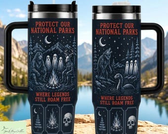 Protect Our National Parks Tumbler, Bigfoot Ghost Campfire Travel Mug, Cryptid Forest Coffee Cup, Spooky Outdoors Camping Gift