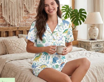 Ensemble pyjama dinosaure pour femme, vêtements de nuit mignons dinosaures, ensemble pyjama short manches courtes, ensemble salon confortable, cadeau pour les amateurs de dinosaures