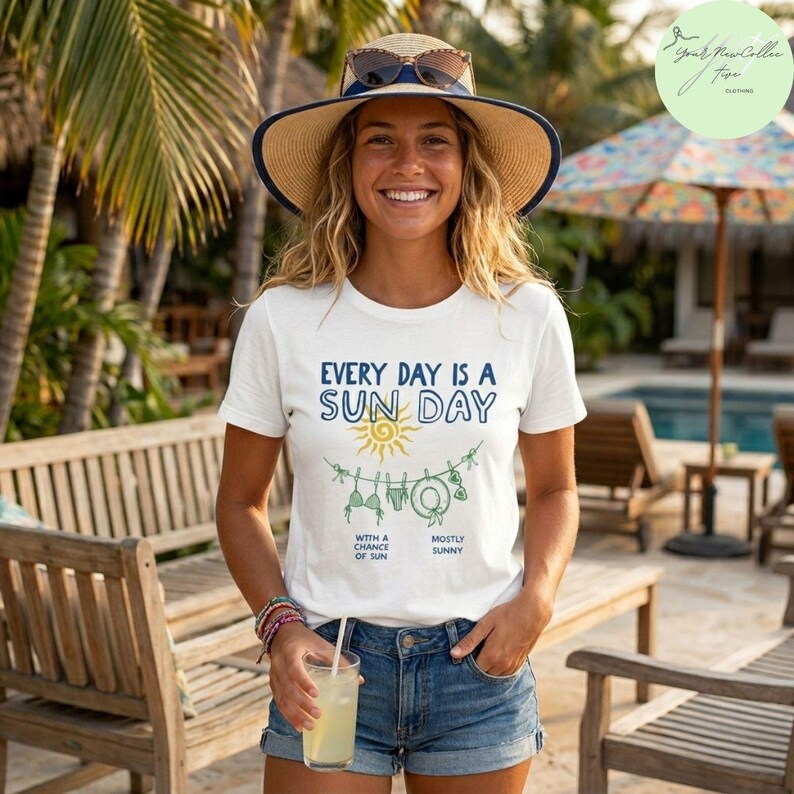 vintage Chaque jour est un dimanche t-shirt bikini rétro, t-shirt chapeau de paille de soleil avec lunettes, jolie chemise graphique pour vacances d'été principalement ensoleillée image 6