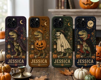 Personalized Halloween Dinosaur Phone Case, Custom Name T Rex Witch Case, Spooky Pumpkin Dino Cover for iPhone and Samsung