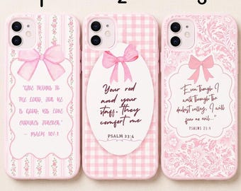 Pink Bow Christian Phone Case, Bible Verse Faith iPhone Cover, Coquette Religious Tough MagSafe Case, Cute Christian Gift